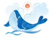 夏の海を泳ぐクジラの水彩風イラスト