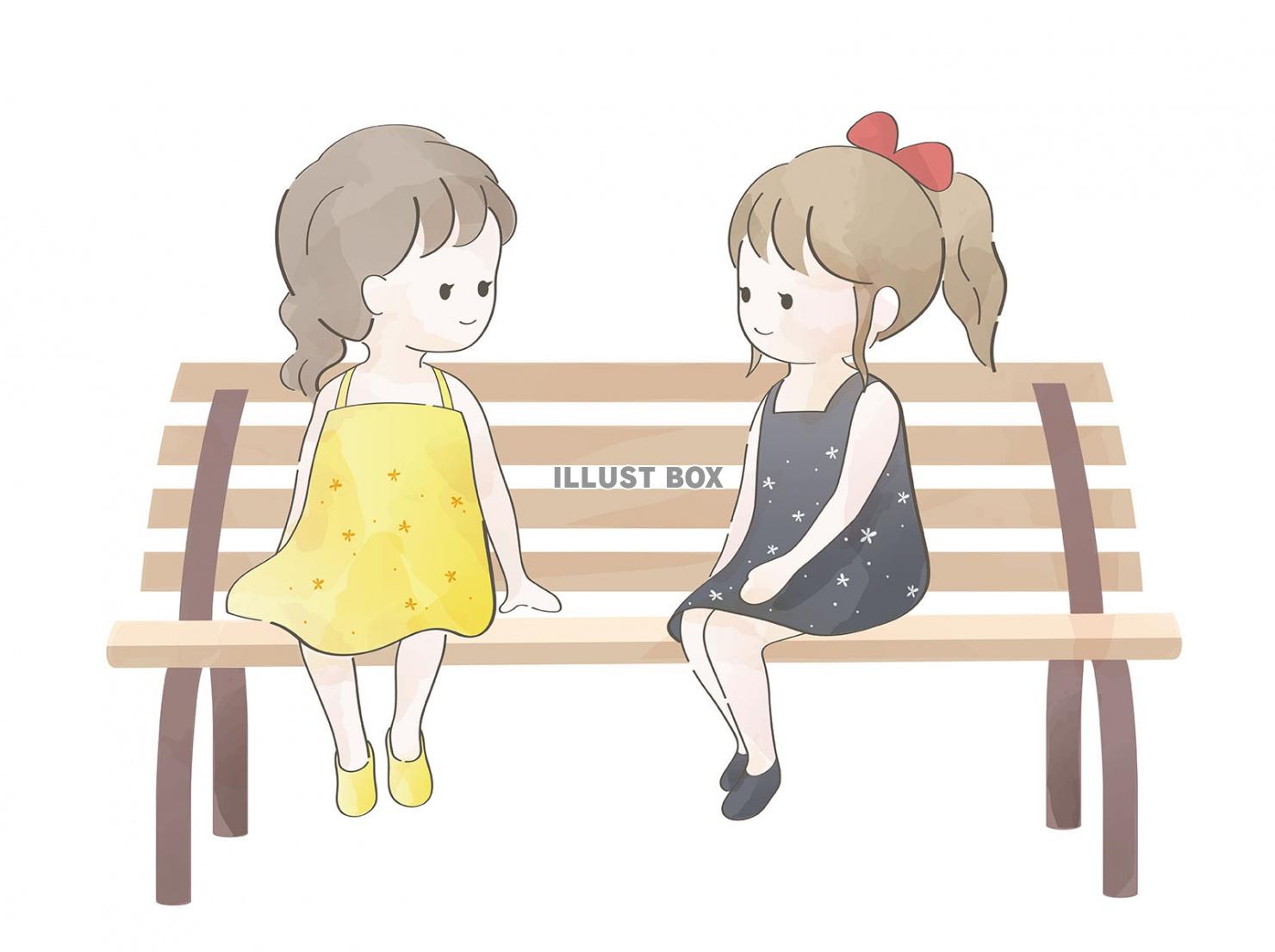 ベンチで話している女の子達の水彩風イラスト