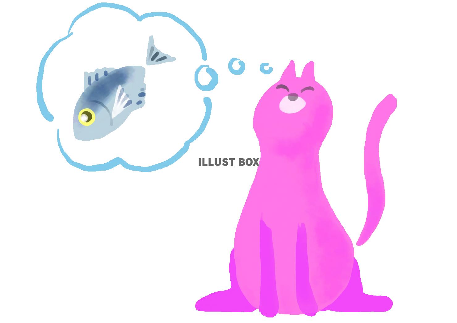 餌の魚を思い浮かべるピンクの可愛い猫　水彩風