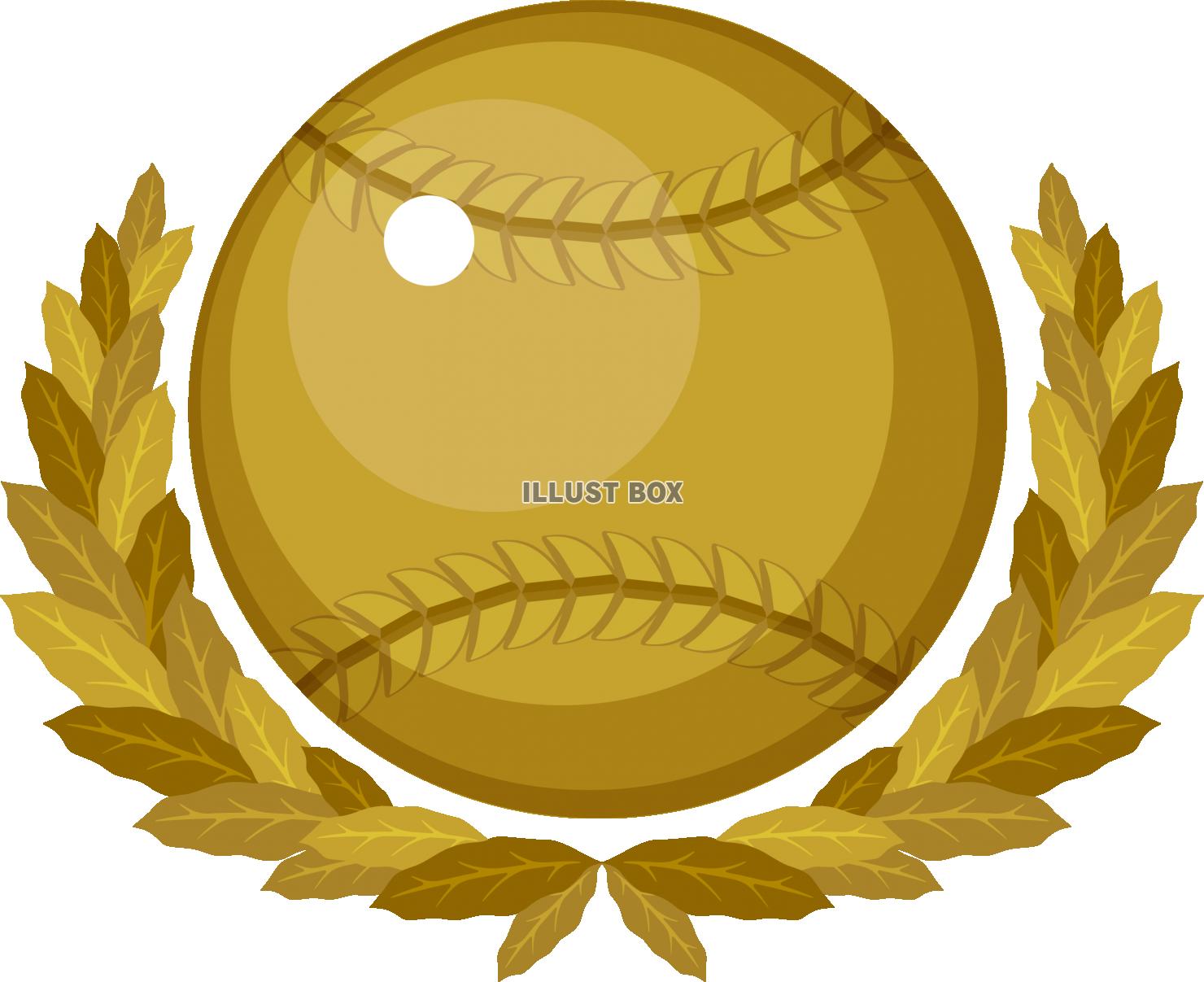 ゴールドの月桂樹の葉と軟式野球ボール　スポーツ　勝利のシンボ...