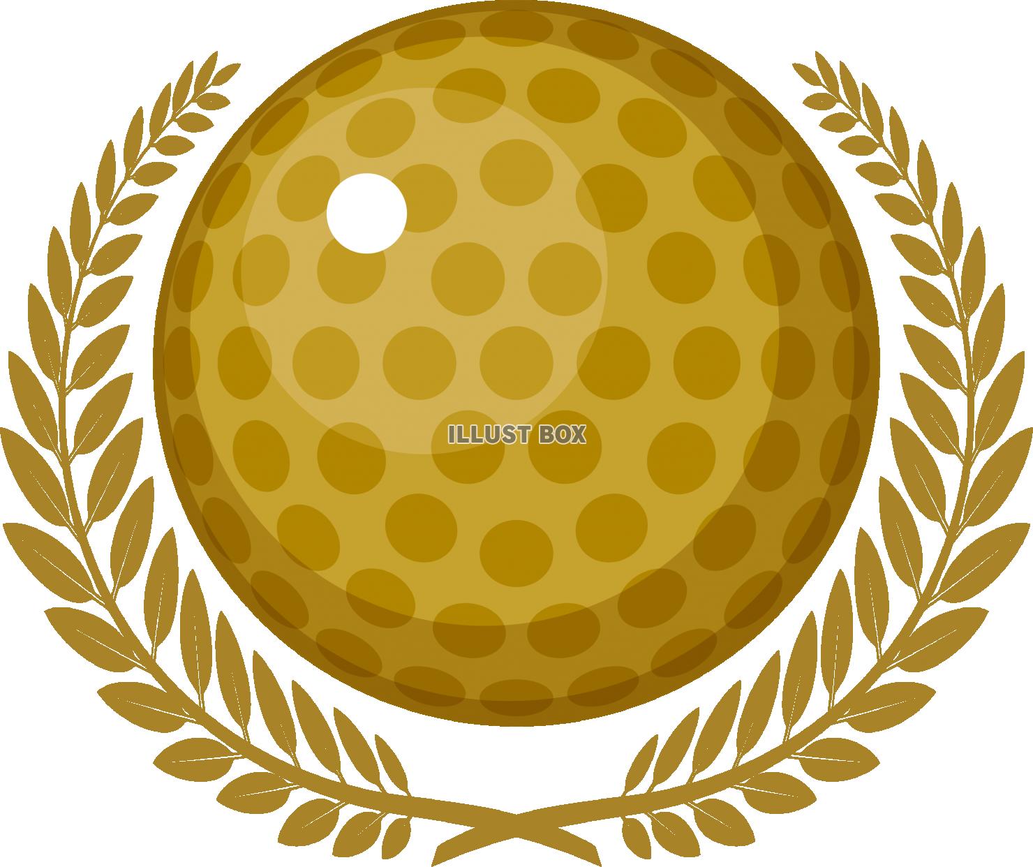 ゴールドの月桂樹の葉とゴルフボール　スポーツ　勝利のシンボル