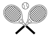 テニスボール２本の交差するテニスラケット　モノクロ