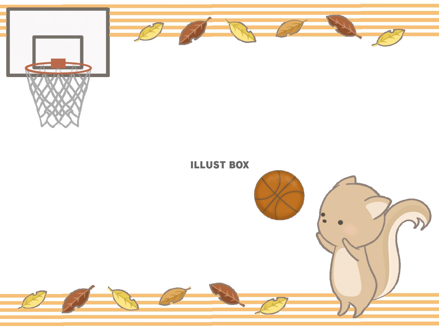 バスケットボールをするリスのフレームイラスト　線あり