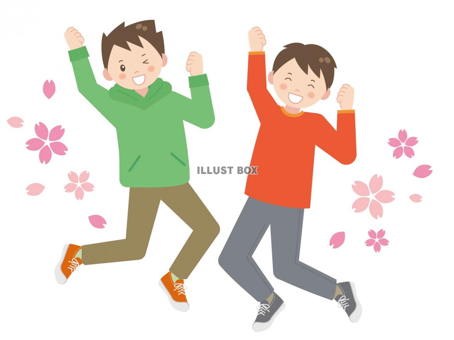 桜の中でジャンプする男の子達 