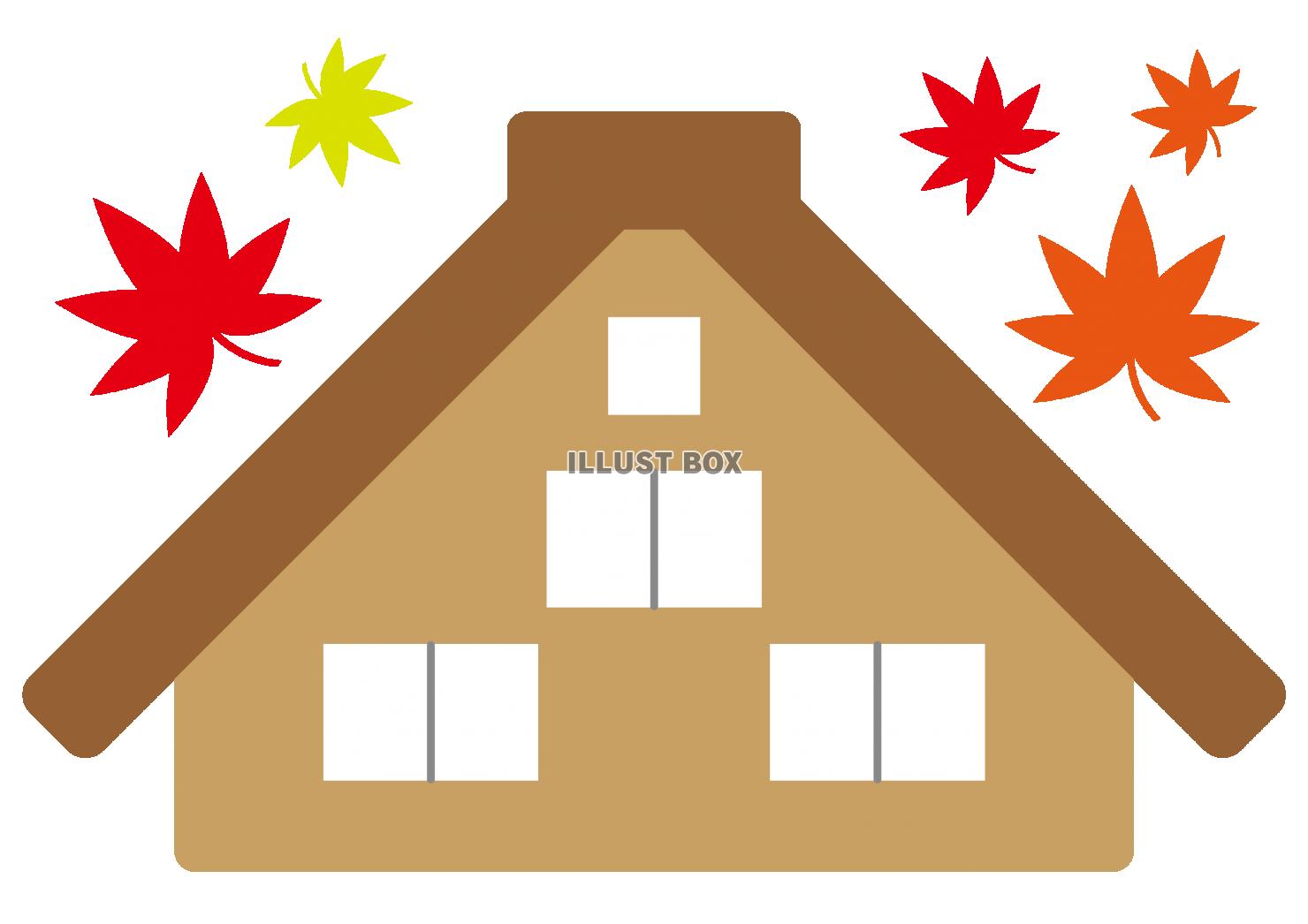 6_イラスト_ワンポイントの秋の紅葉と合掌造りの建物