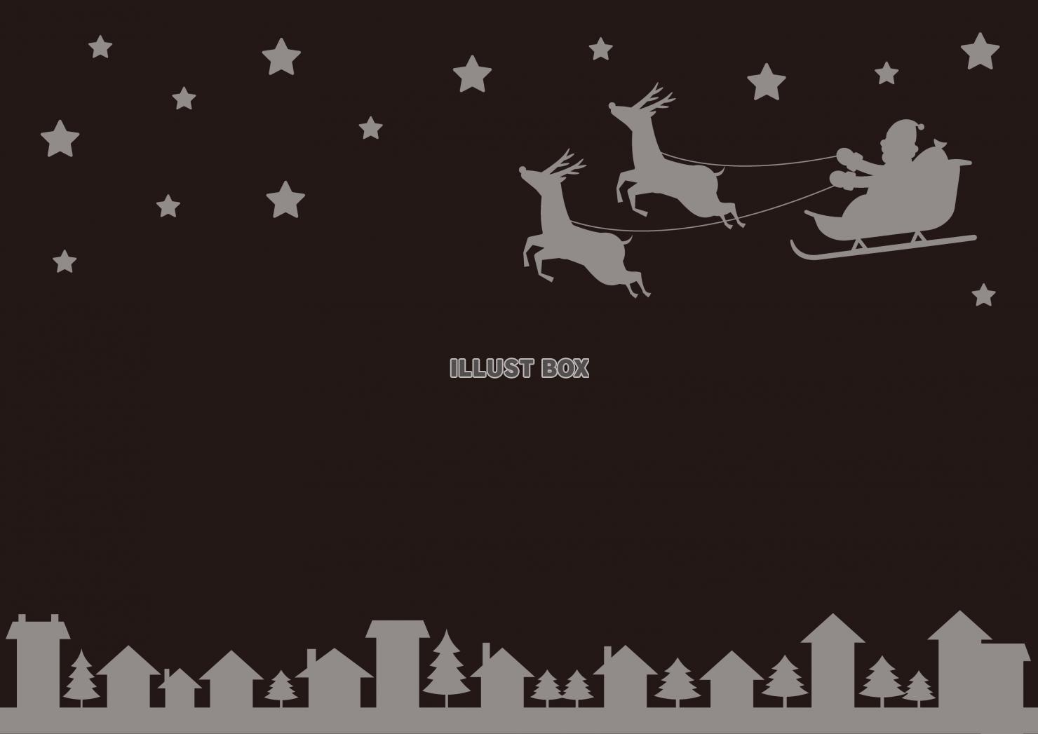 22_背景_クリスマスの星空と空飛ぶソリとサンタ・白黒