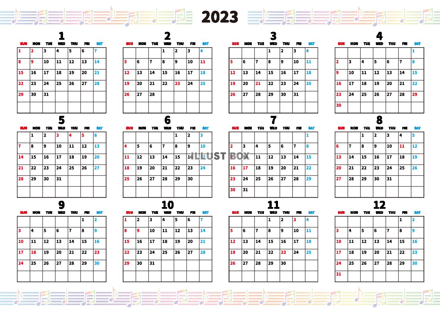 2023年・カレンダー・年間・虹色五線譜と音符・横・スケジュ...