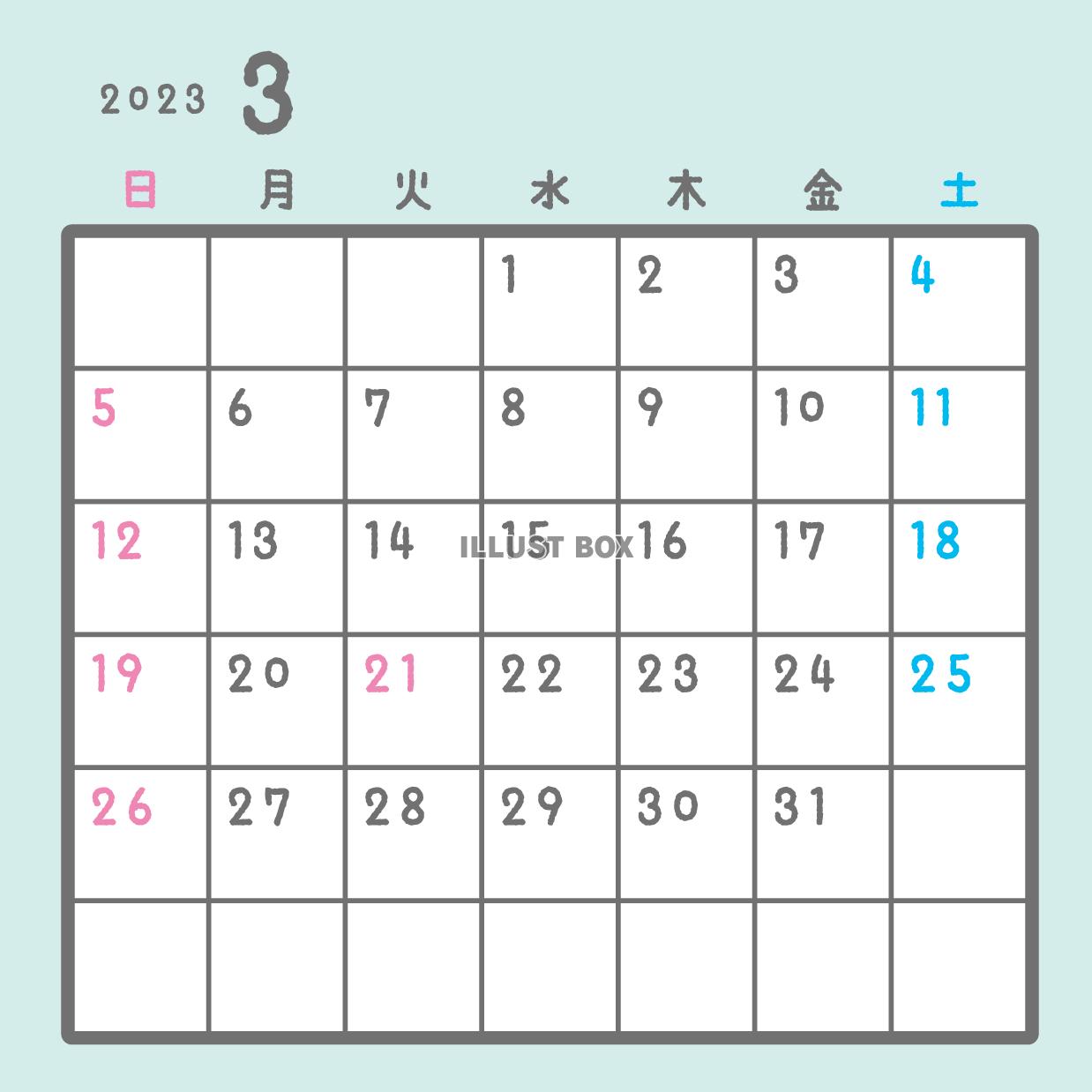 2023年月間カレンダー　3月　パステルカラー　正方形