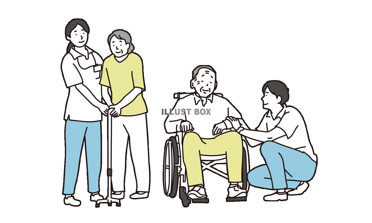 車椅子と杖をつく高齢者と介護士