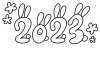 2023年年賀状・横・ウサギ型年号の白黒塗り絵