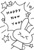 2023年年賀状・縦・元気に新年を祝うウサギの白黒塗り絵・happynewyear