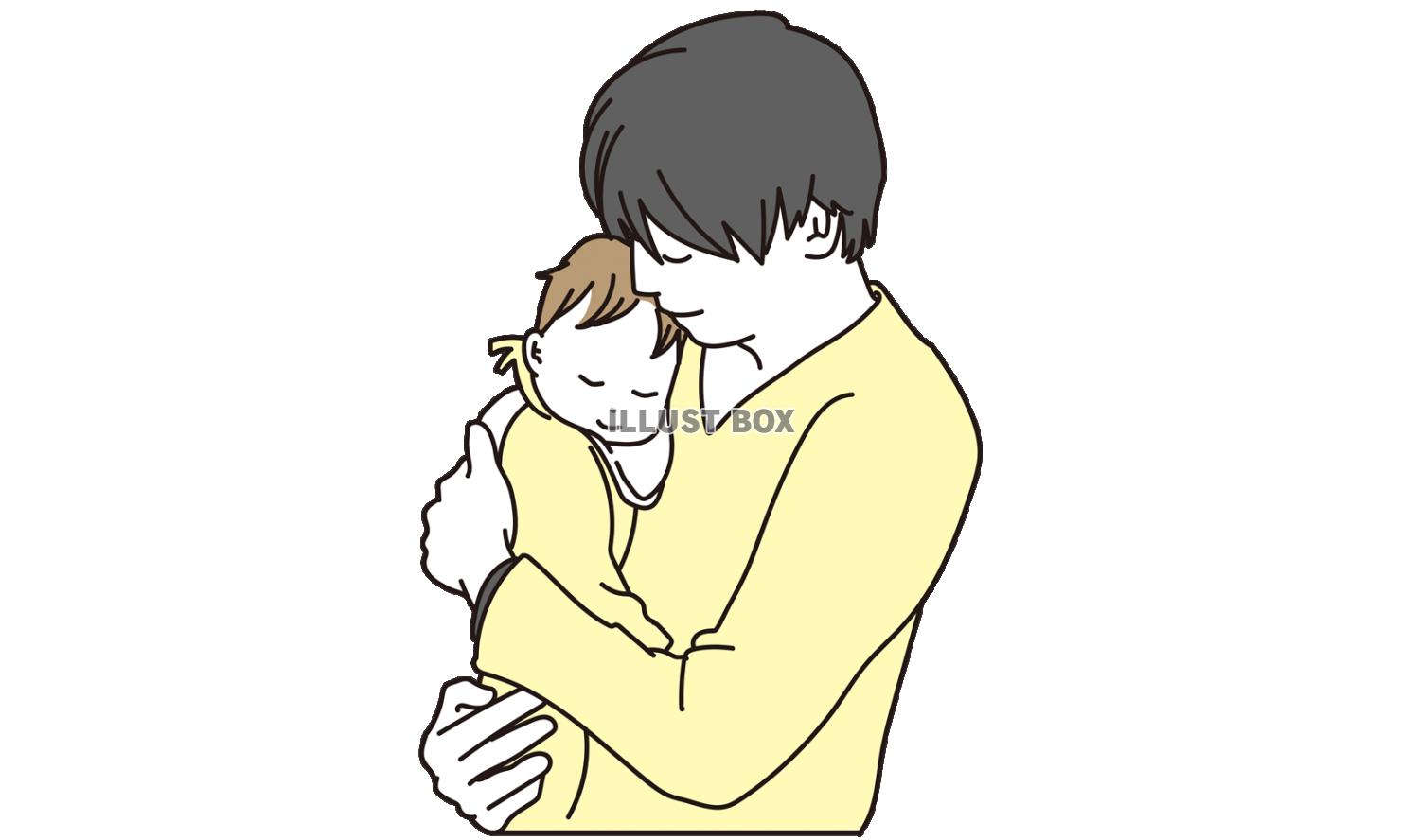 眠る赤ちゃんと抱っこするお父さん