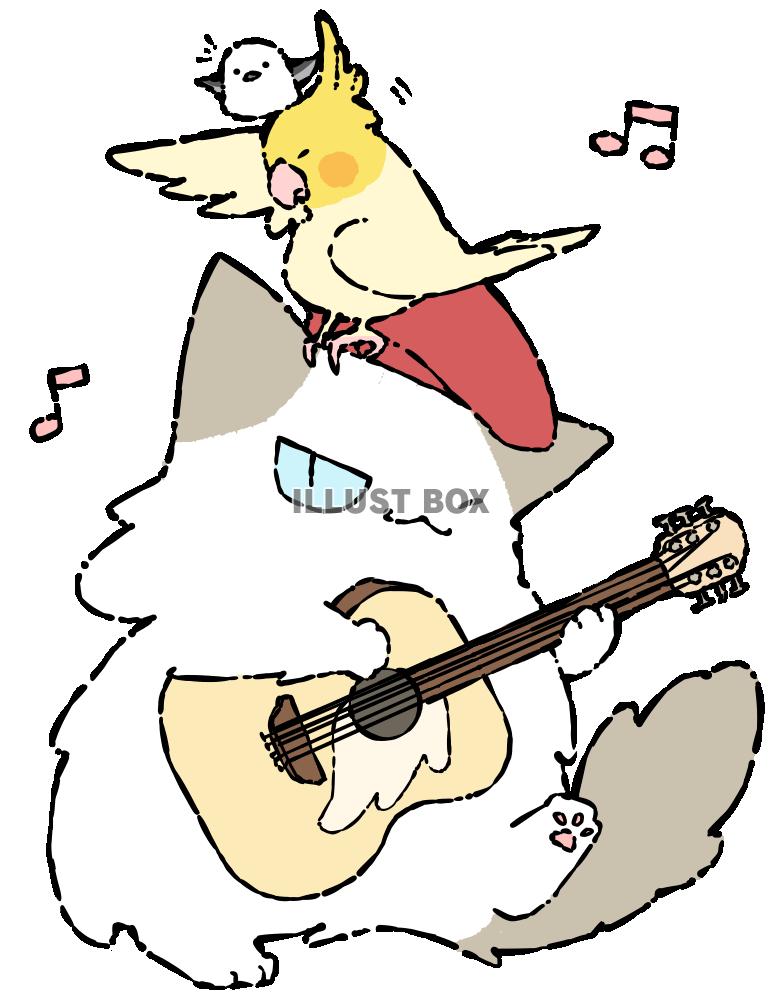 ギターを弾く猫と鳥
