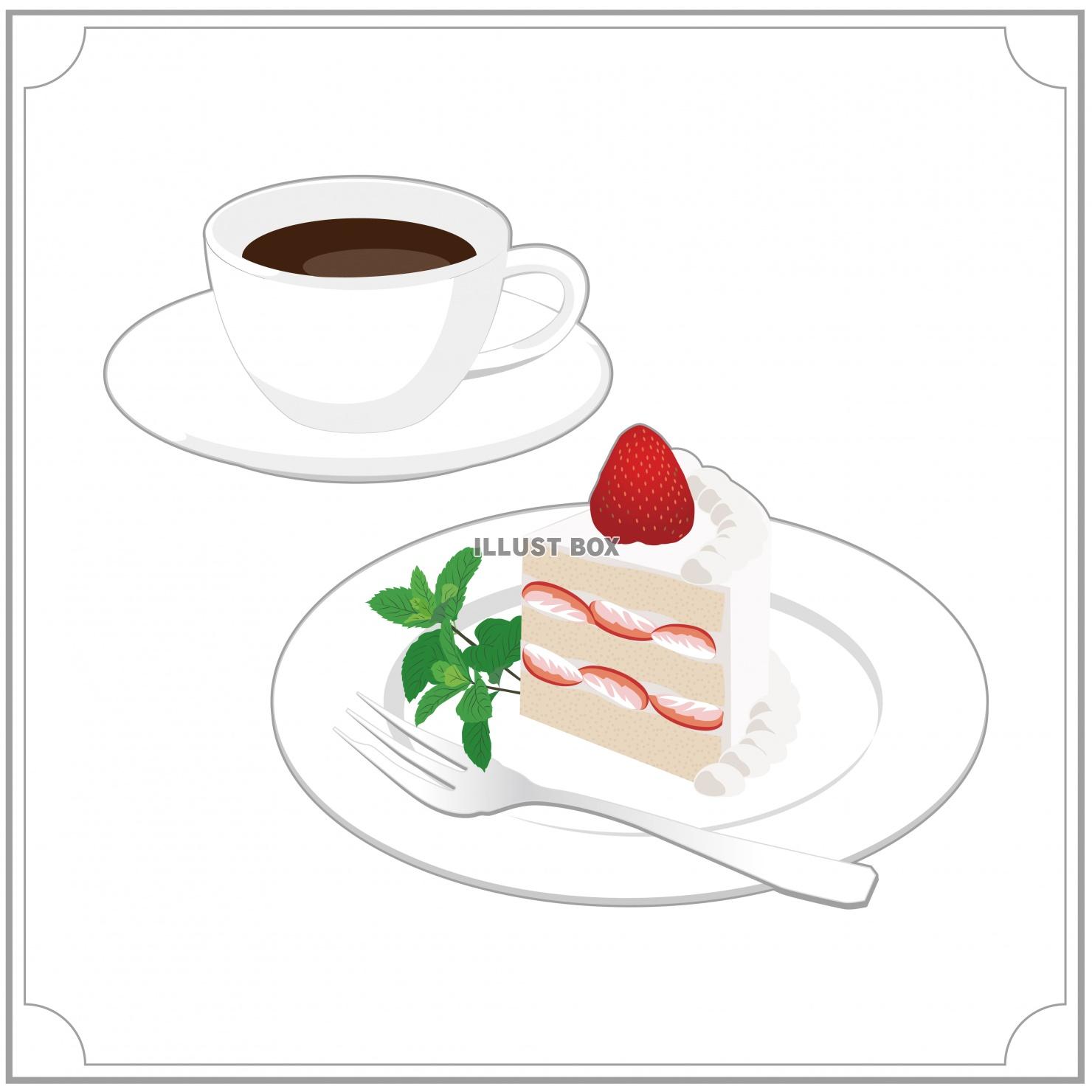 コーヒーとケーキセット　イラスト　苺のショートケーキ