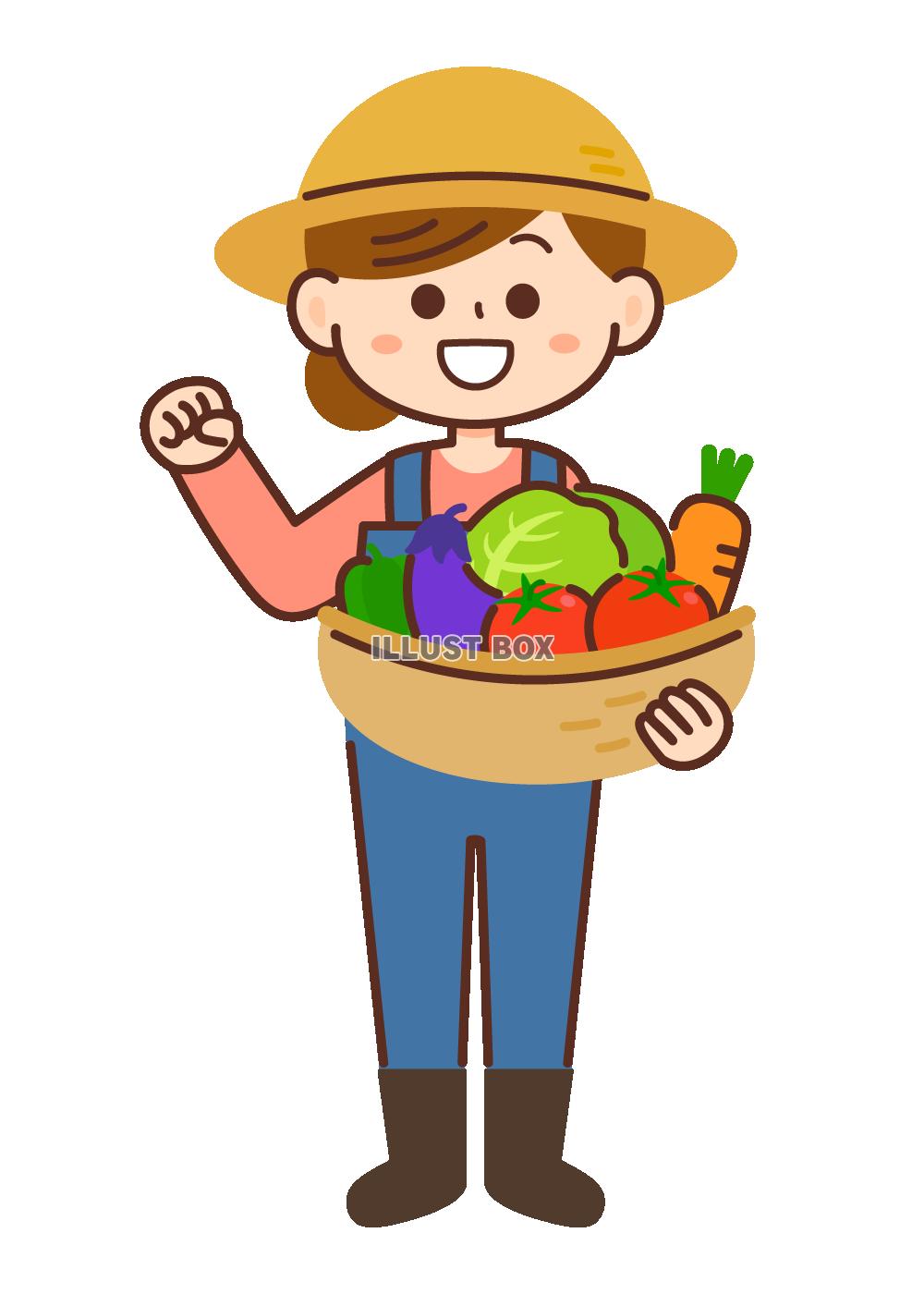 野菜を持つ農家の女性　ガッツポーズ