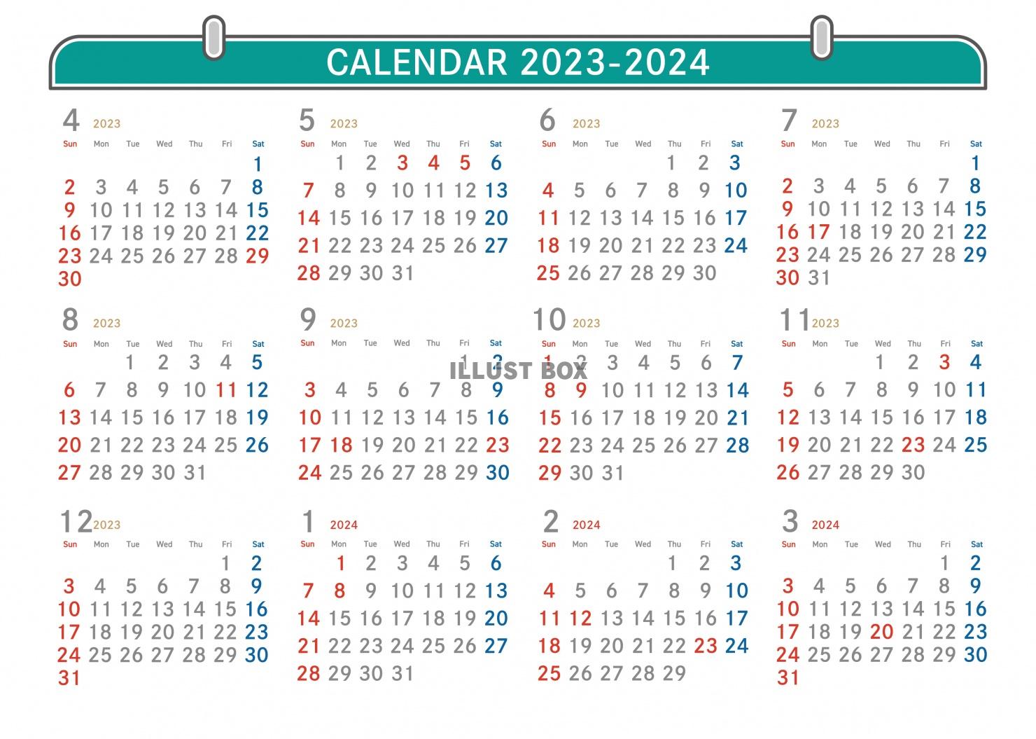 4月はじまりカレンダー　2023-2024B　壁掛け風