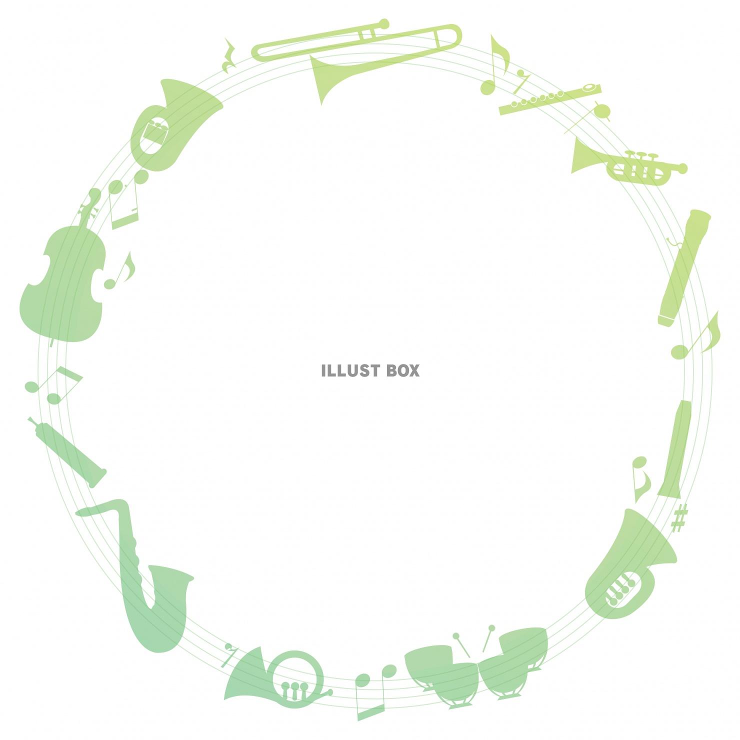 新緑カラーの吹奏楽の楽器の円形音楽フレーム