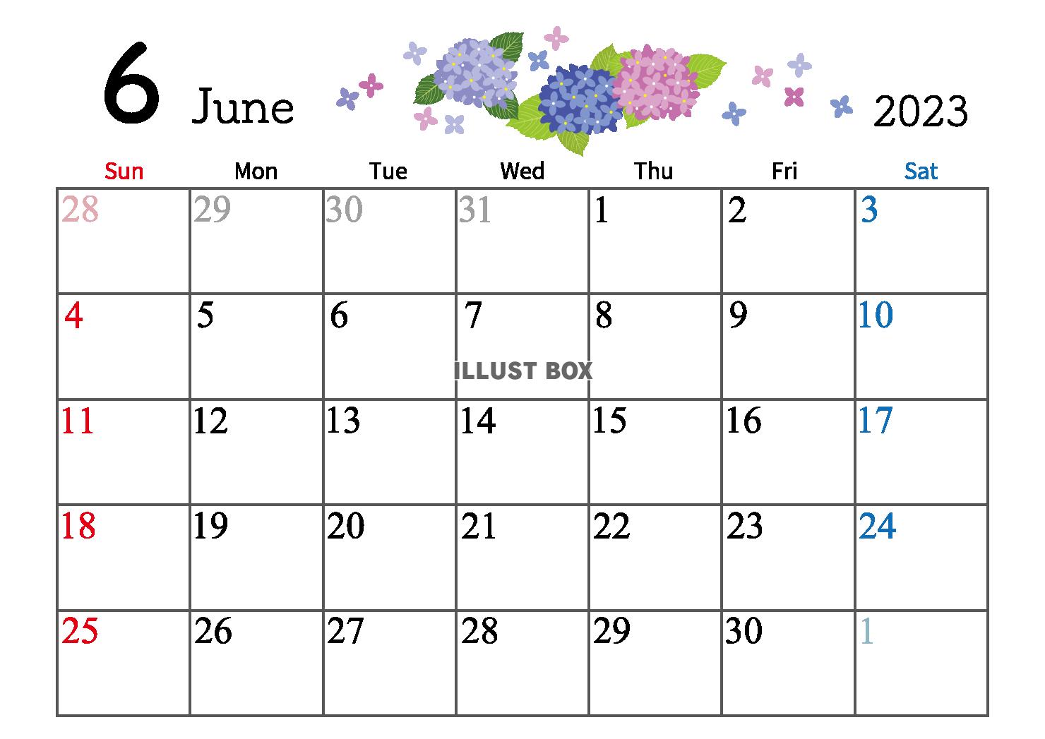 2023年 6月 かわいいイラスト付きカレンダー
