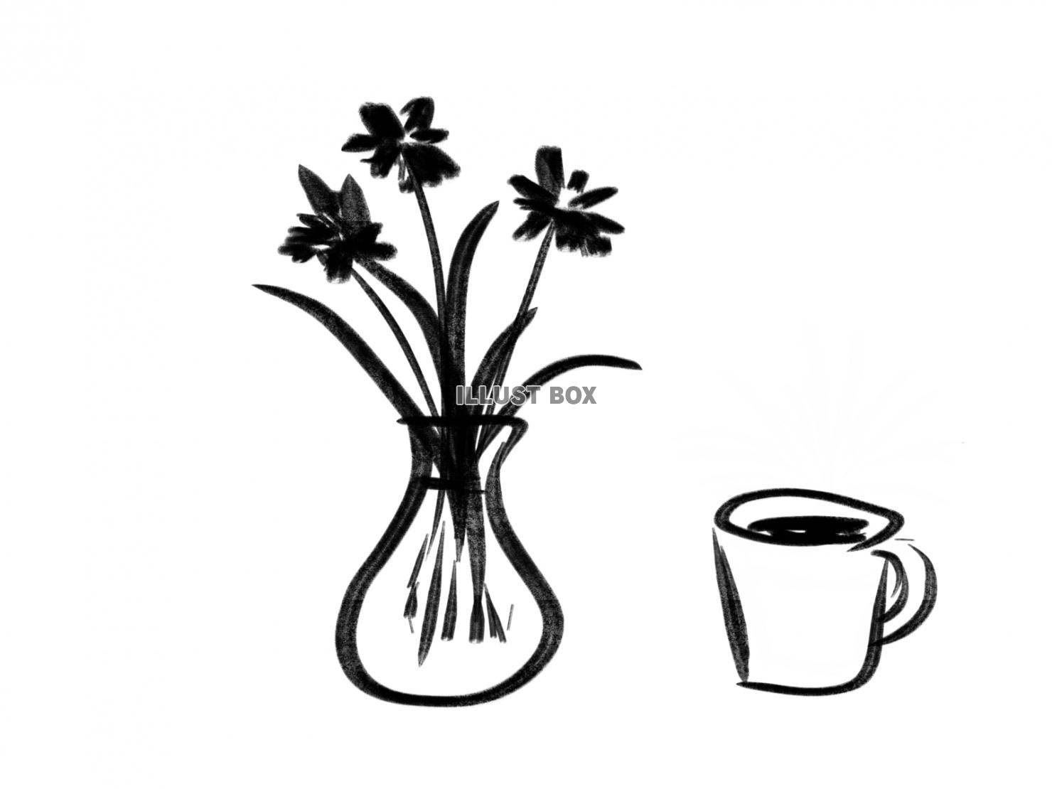墨絵風　花びんの花とマグカップのイラスト