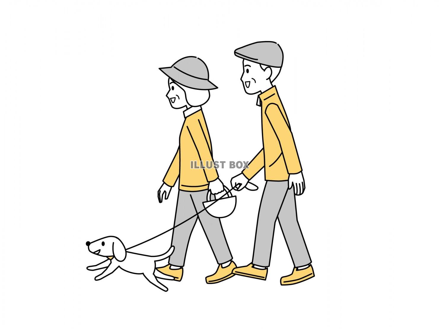犬の散歩をする老夫婦のイラスト