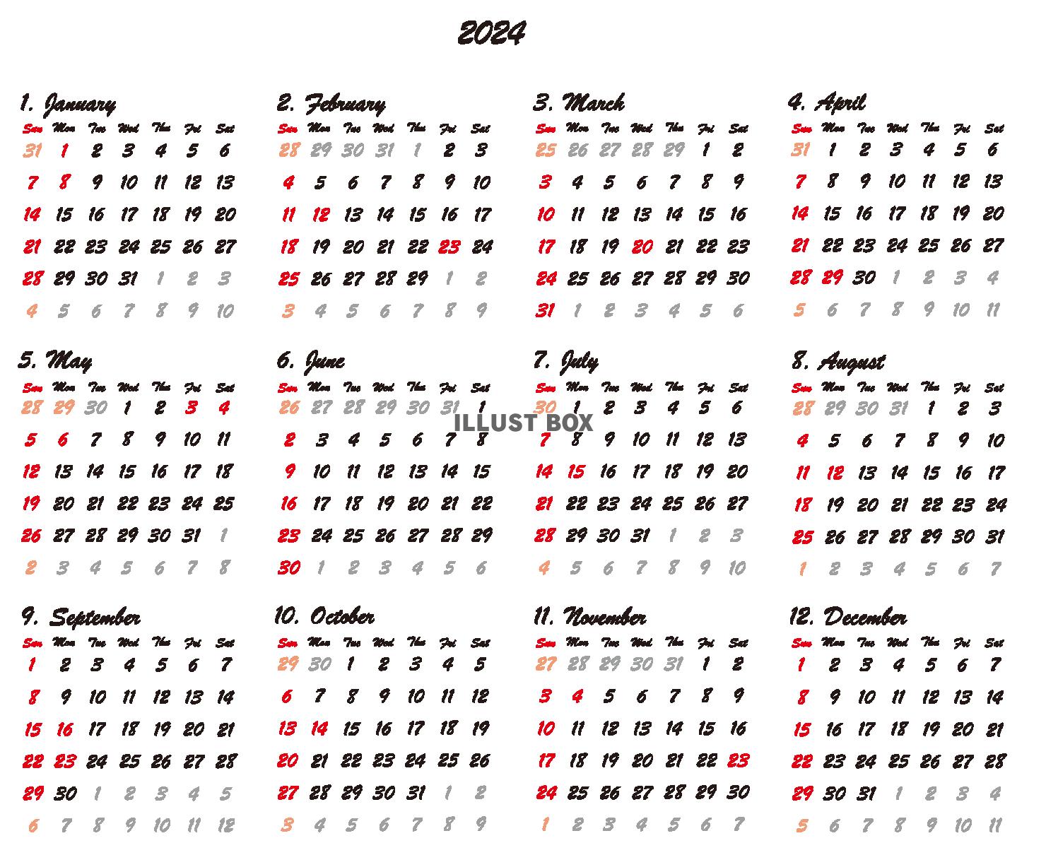カレンダー2024（透過PNG）筆記体（ZIPにEPS）