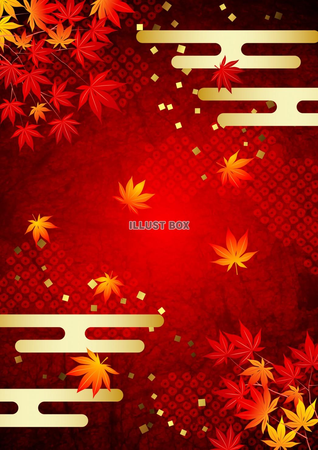 紅和紙に鹿の子雲と紅葉背景タテ