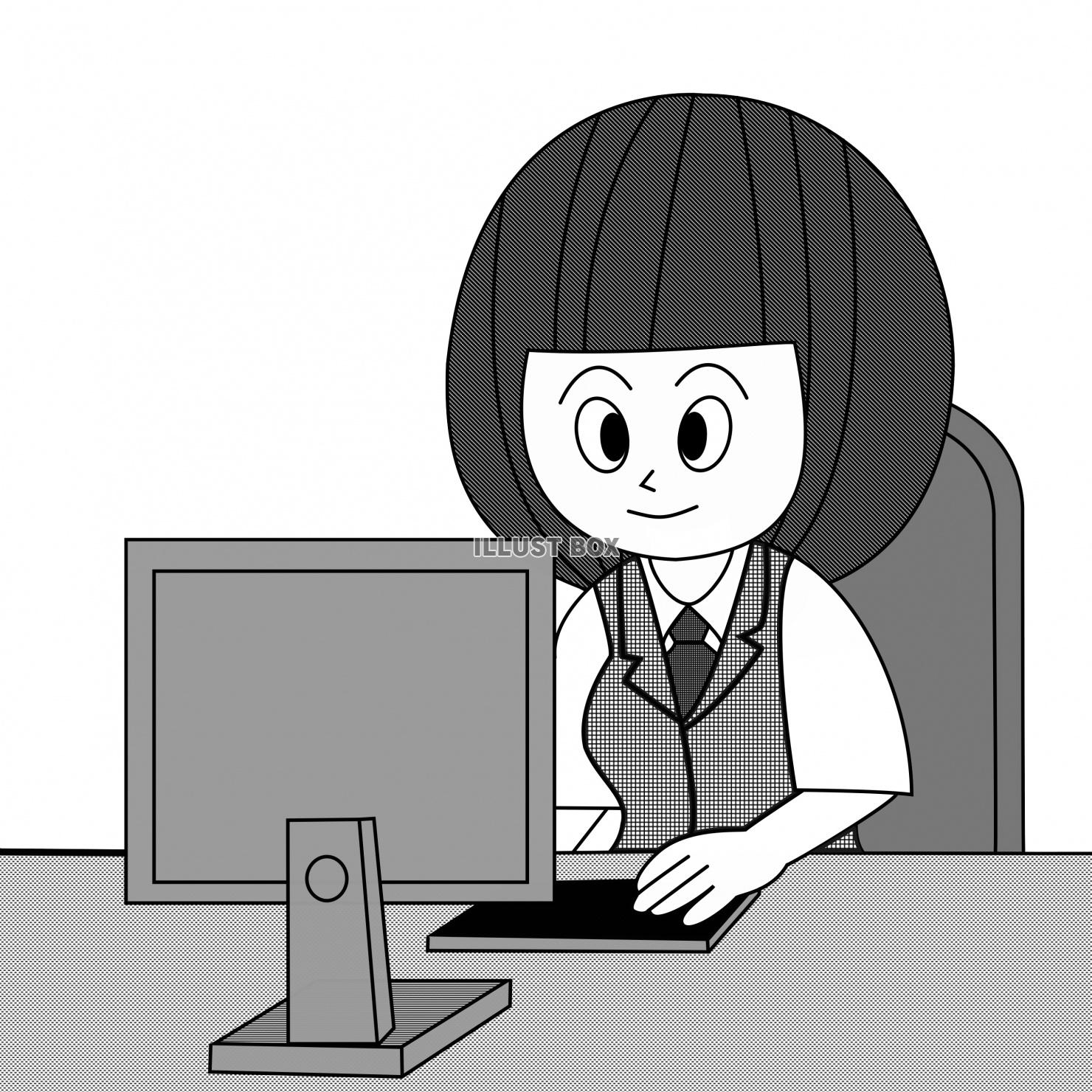 デスクトップパソコンを操作する女子学生（白黒）