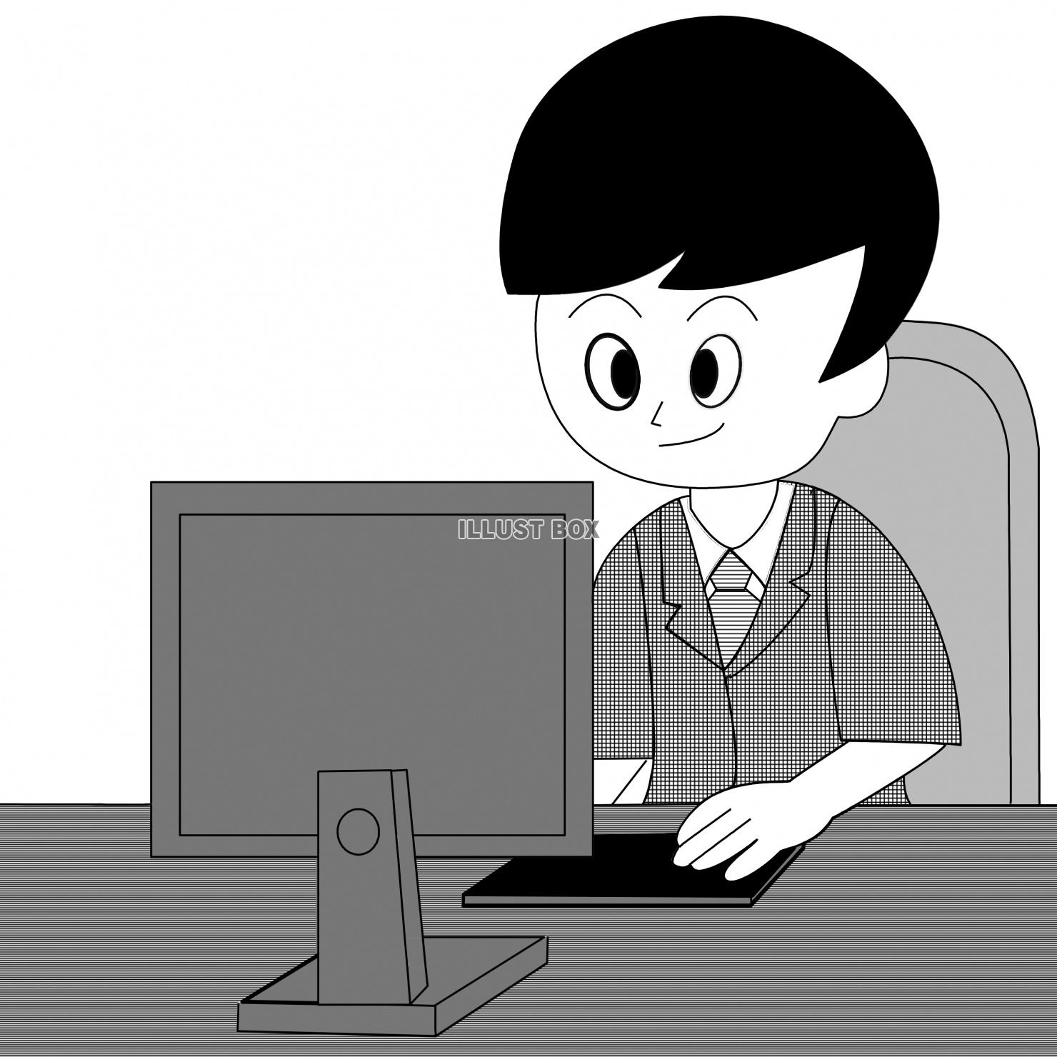 デスクトップパソコンを操作する男子学生（白黒）