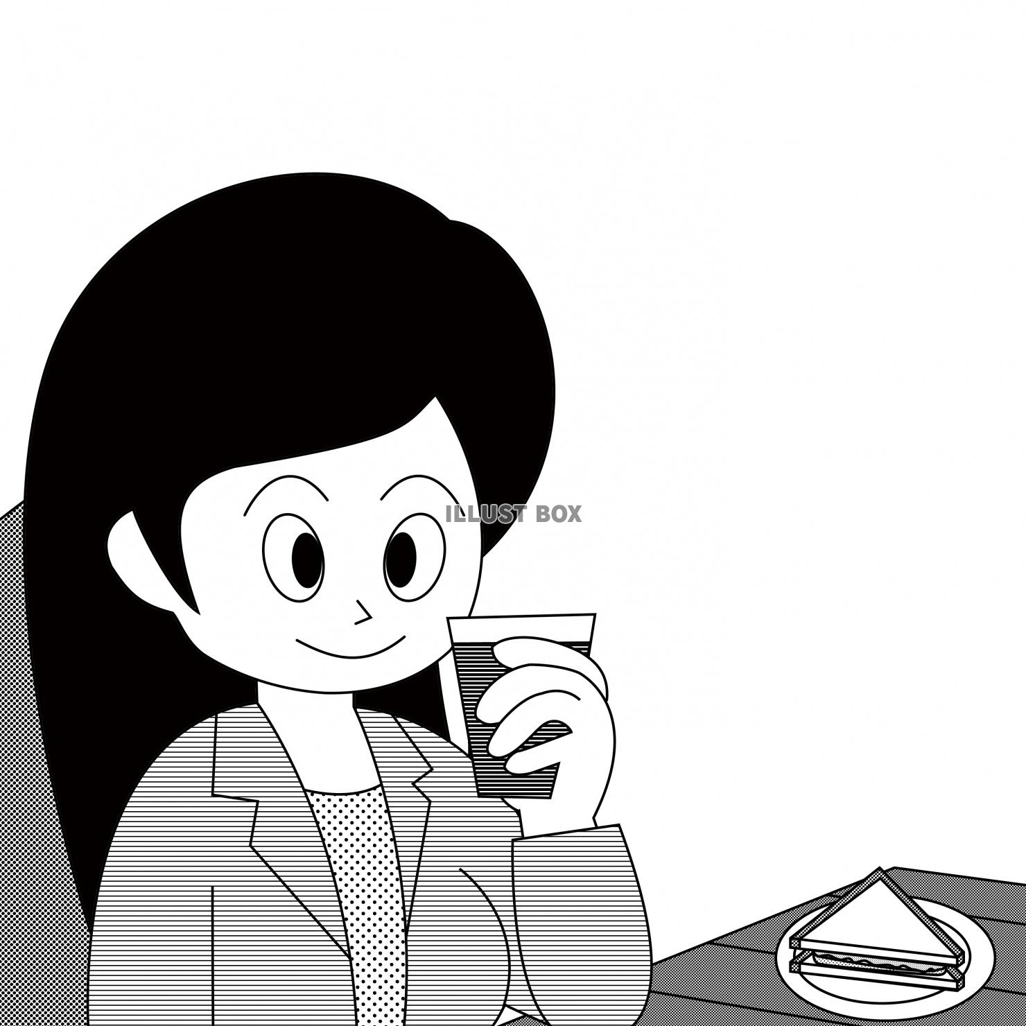 喫茶店でジュースを飲む女性（白黒）