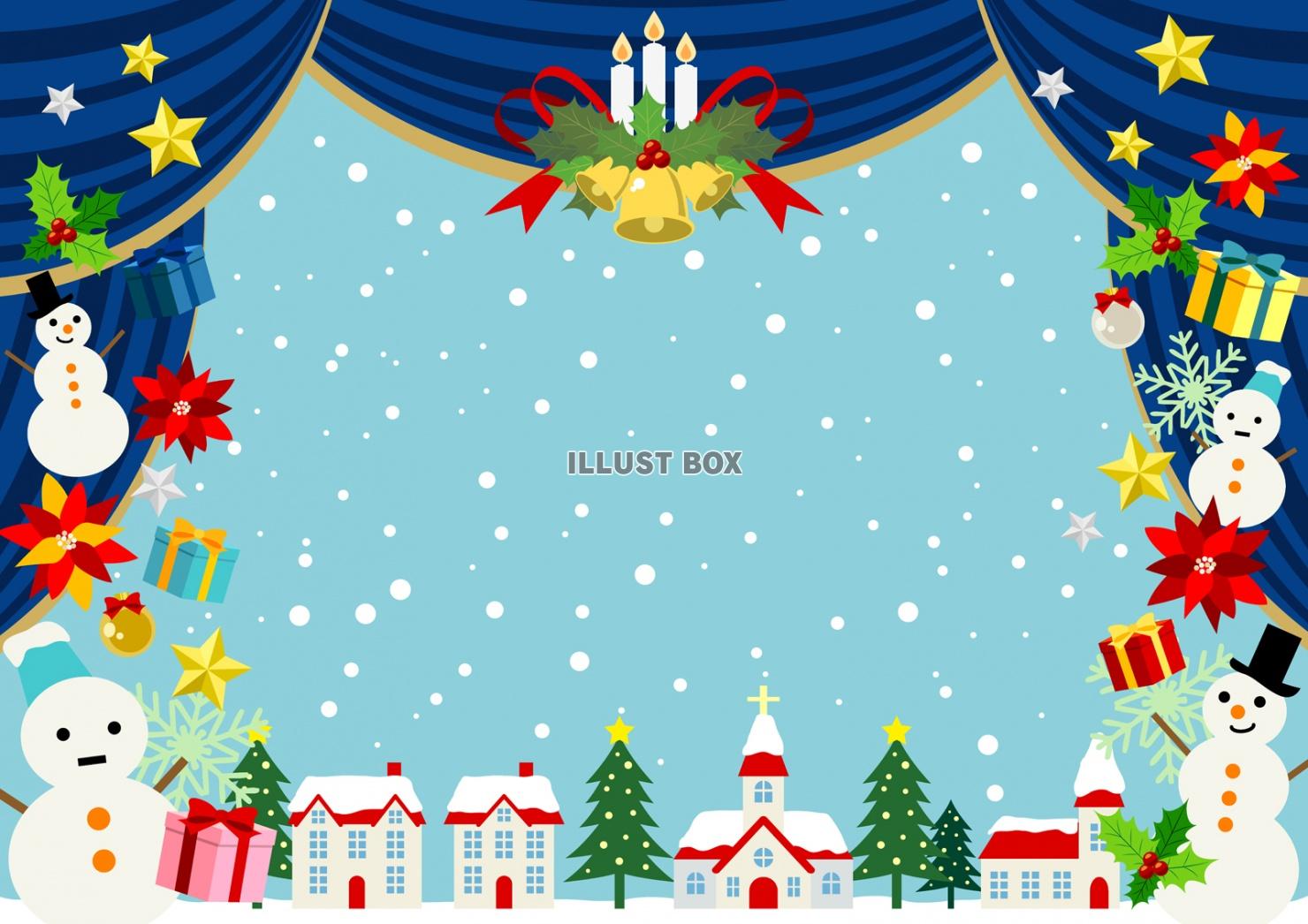 クリスマス素材を青い緞帳型フレームにちりばめた劇場風背景ヨコ