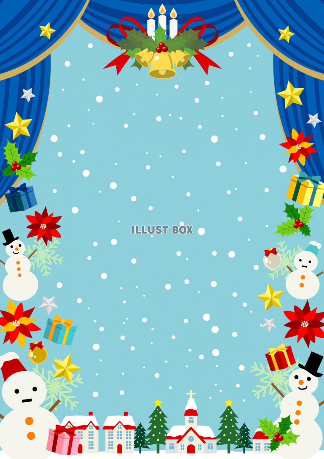 クリスマス素材を青い緞帳型フレームにちりばめた劇場風背景タテ