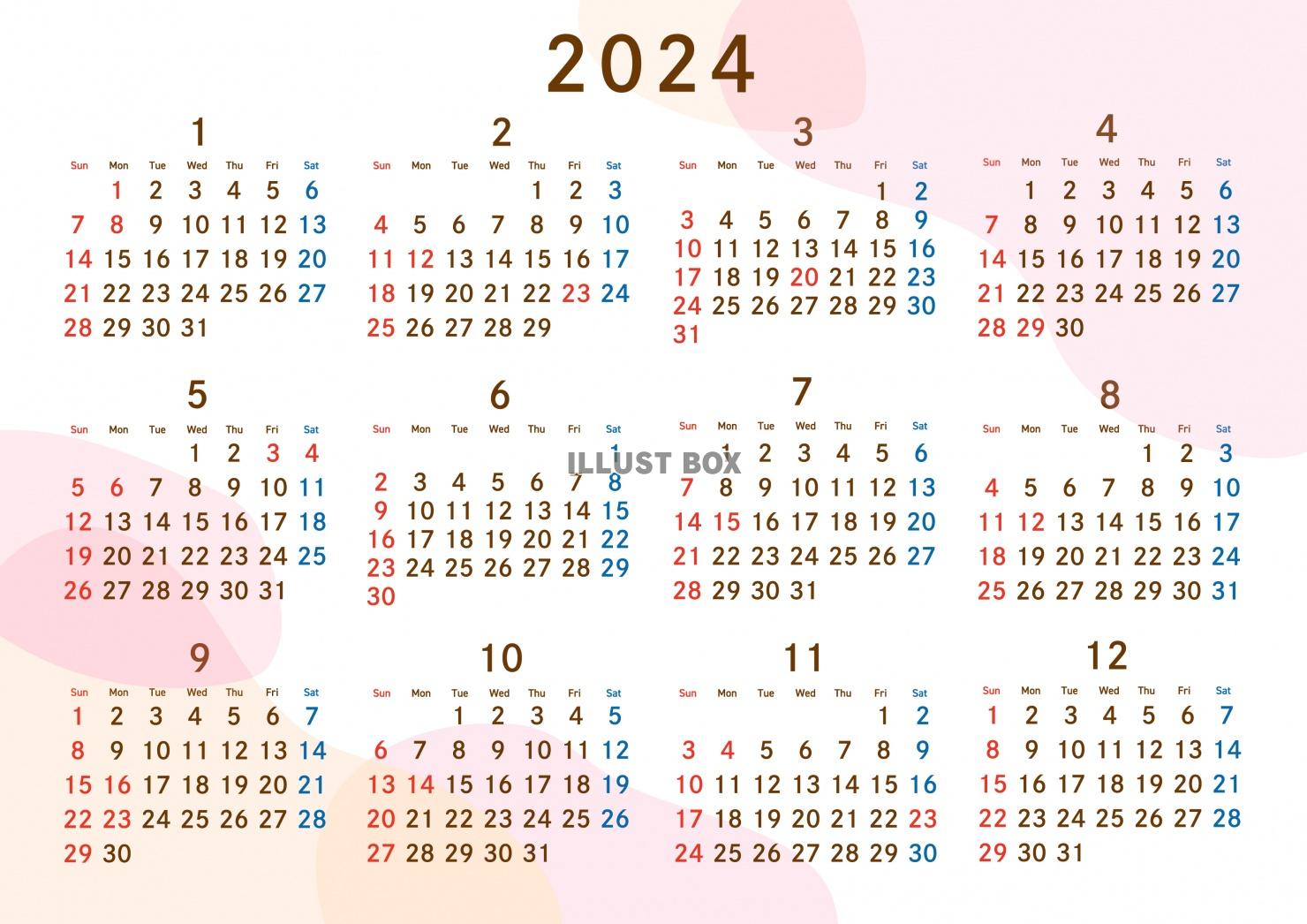 2024年　年間カレンダー05　淡い色合いの重ねデザイン　ピ...