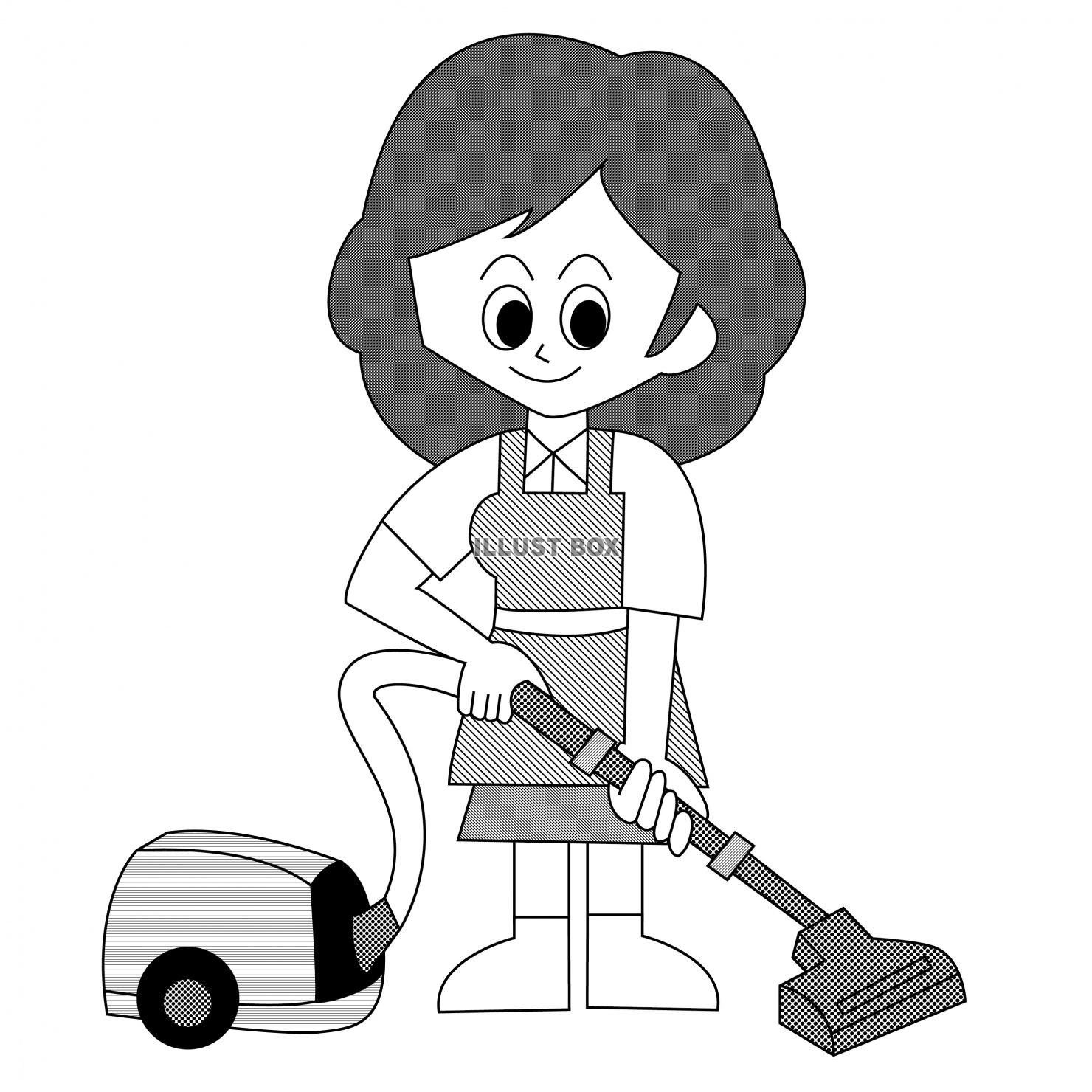 掃除機で掃除する女性のイラスト（白黒）