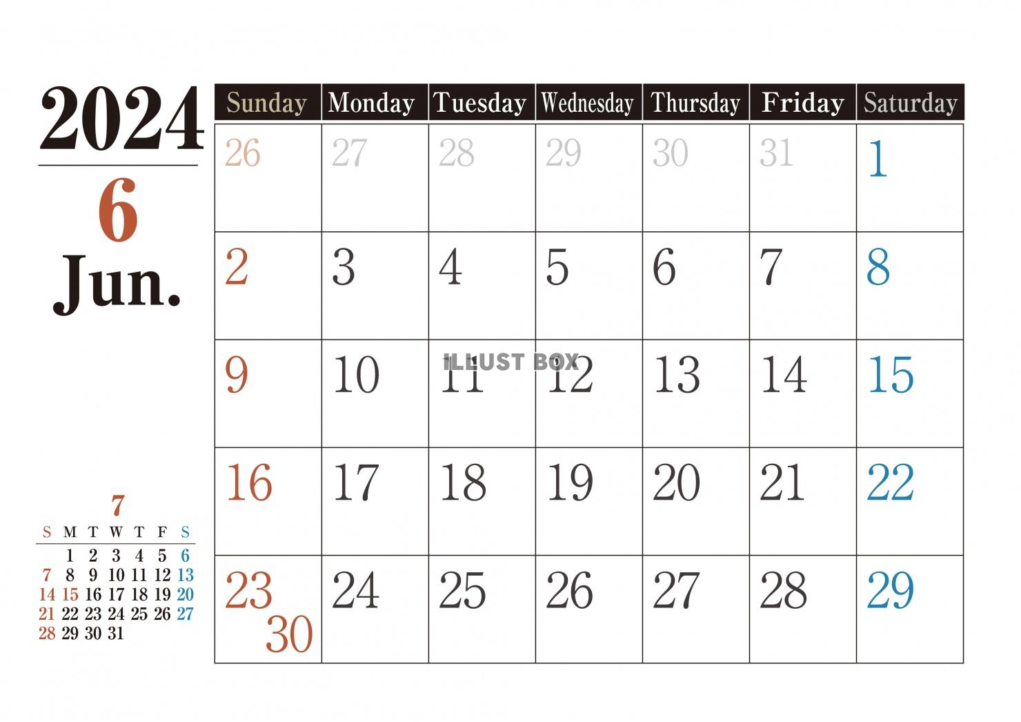 2024年のシンプルカレンダー-6月