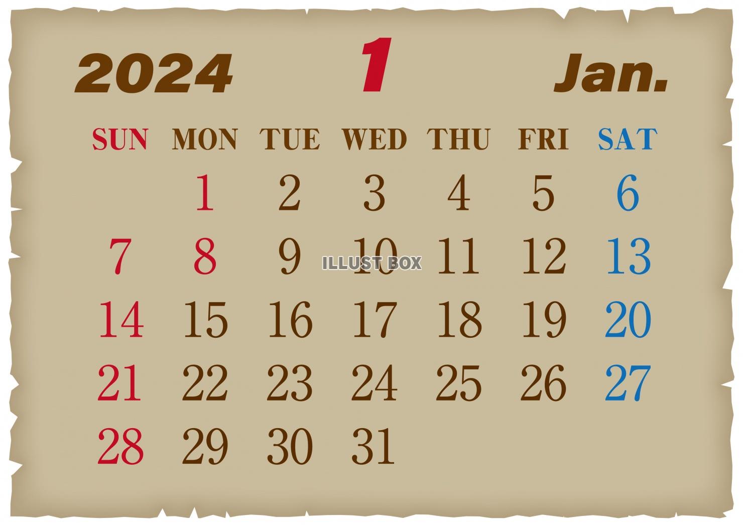 2024年の古紙風カレンダー-1月