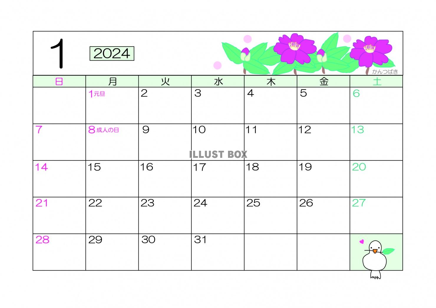 2024年1月木に咲く花カレンダーかんつばき