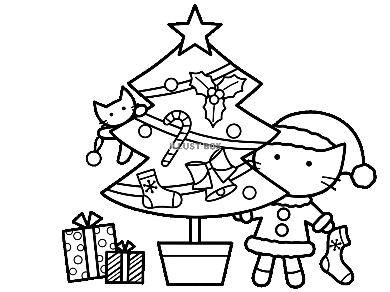 クリスマスツリーと猫サンタと子猫　線画１
