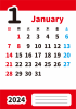 2024年1月・月間カレンダー・英語月名・シンプルカラー・メモ欄・枠なし・縦型・赤