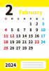 2024年2月・月間カレンダー・英語月名・シンプルカラー・メモ欄・枠なし・縦型・黄色