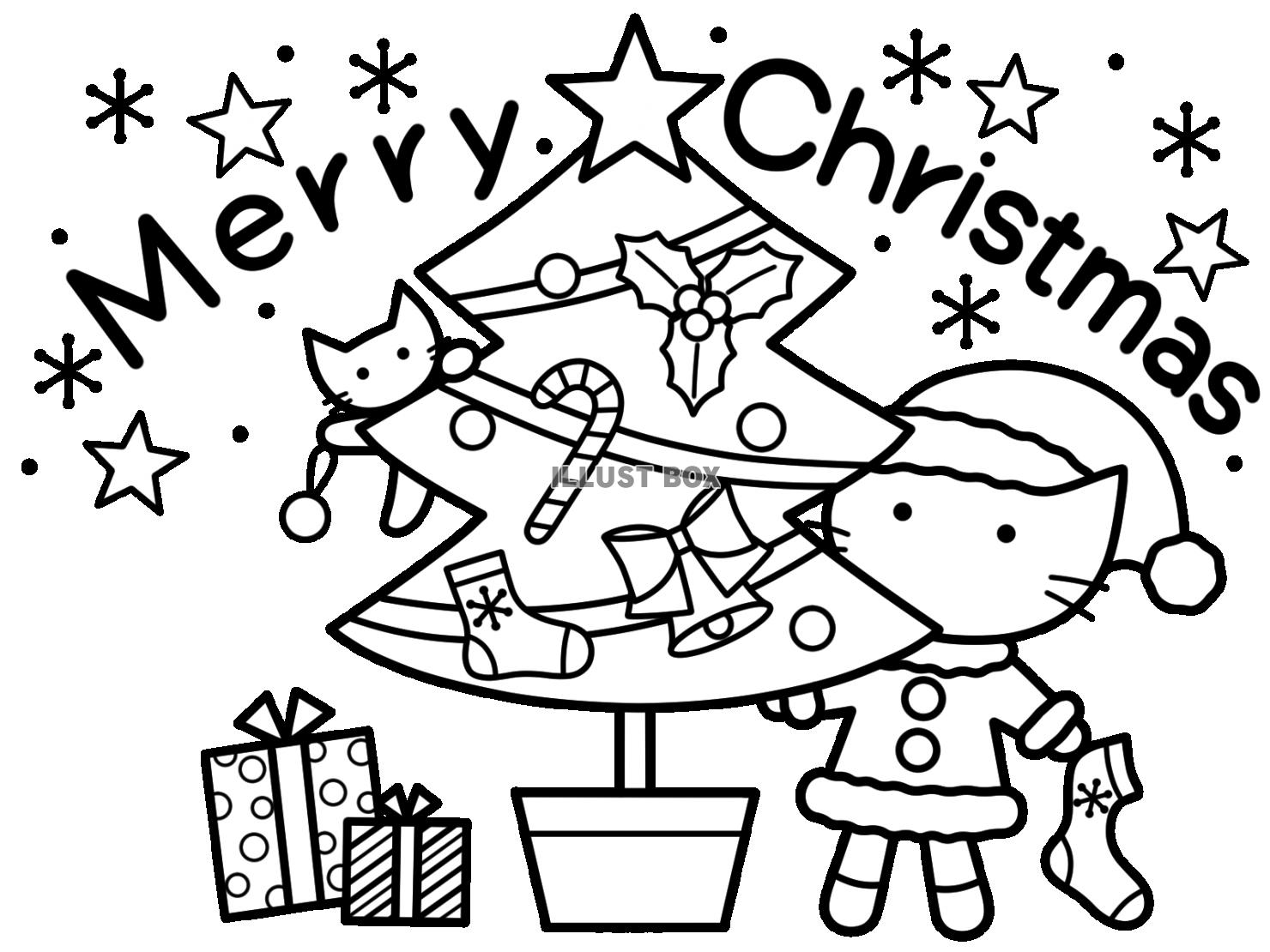 クリスマスツリーと猫サンタと子猫　線画４