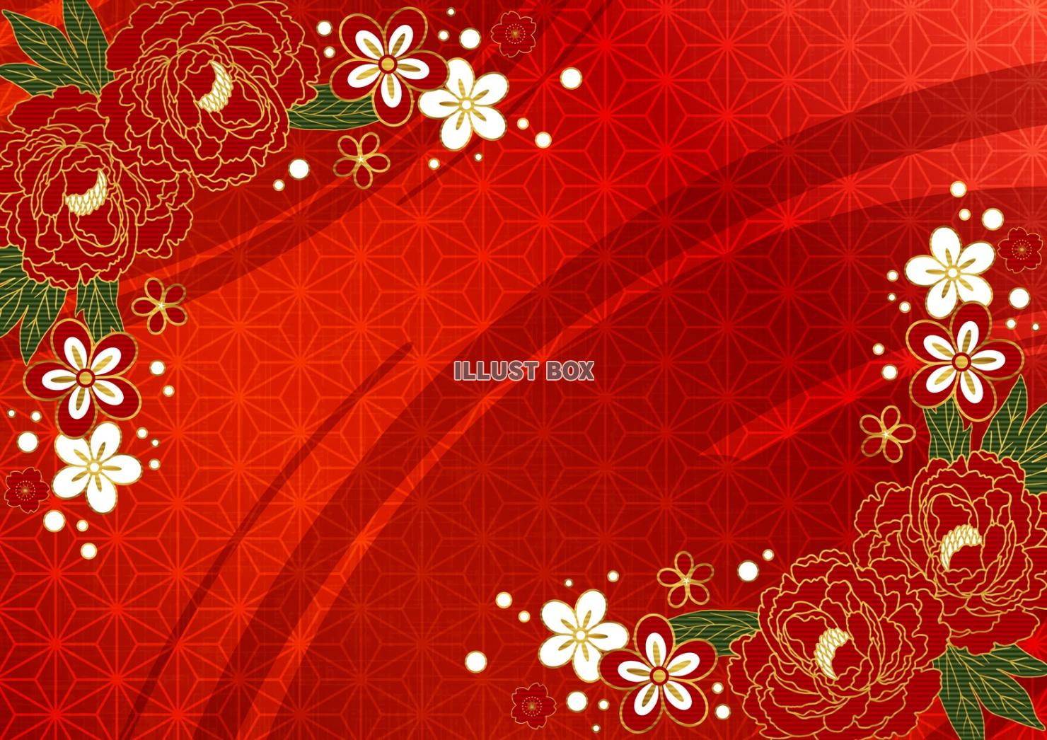 紅の麻の葉模様に一筆と牡丹の和背景
