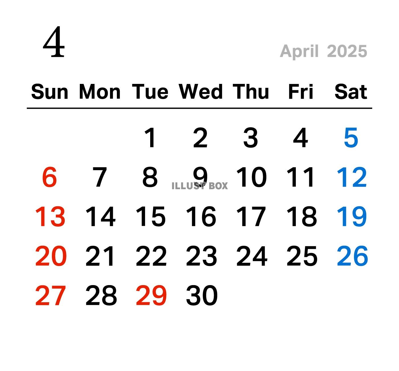 2025年4月のカレンダー
