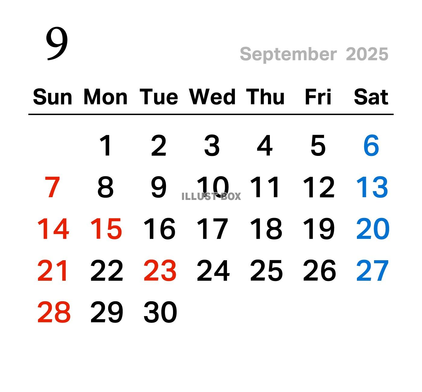 2025年9月のカレンダー