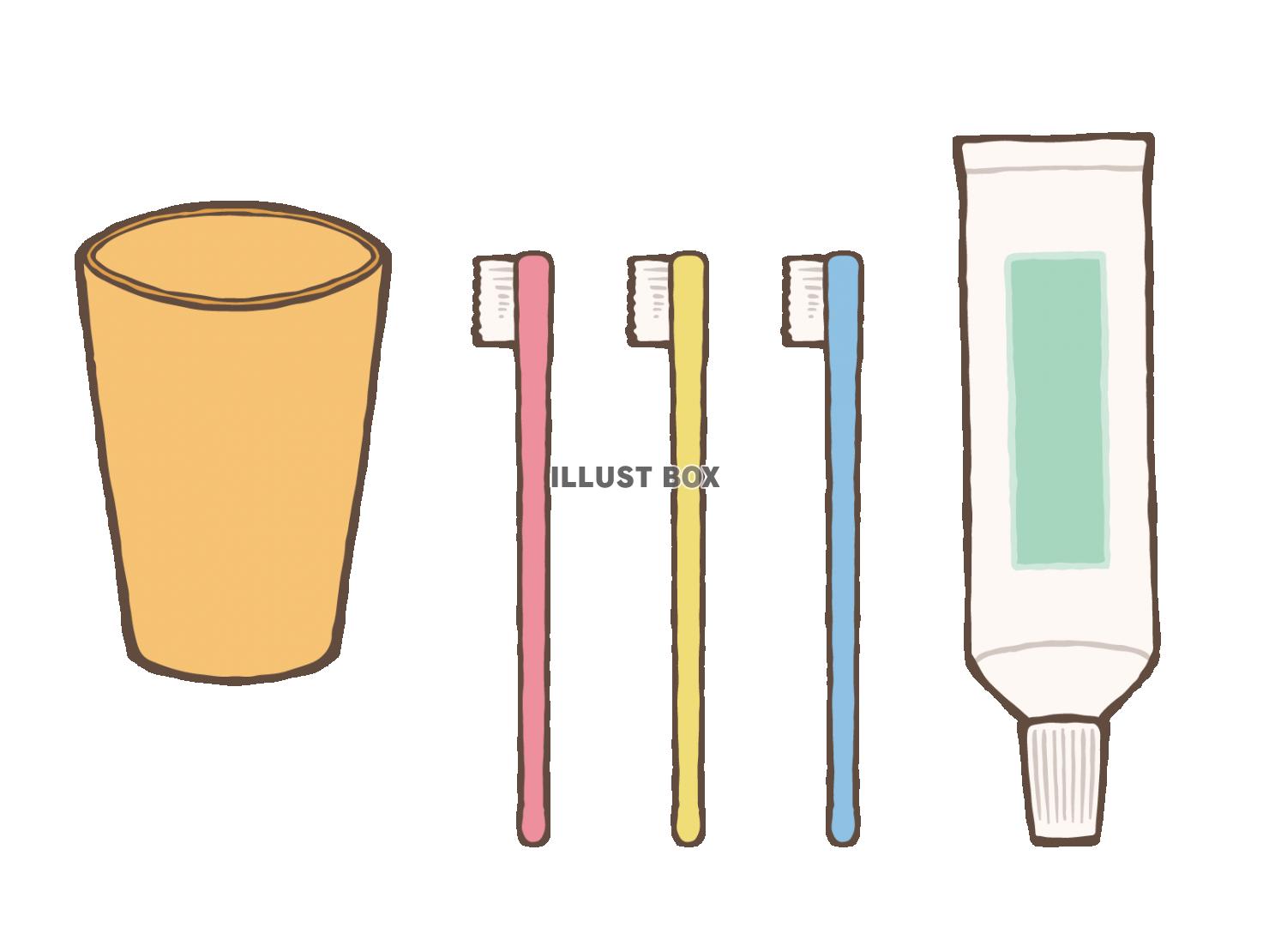 3本の歯ブラシ、歯磨き粉、コップ