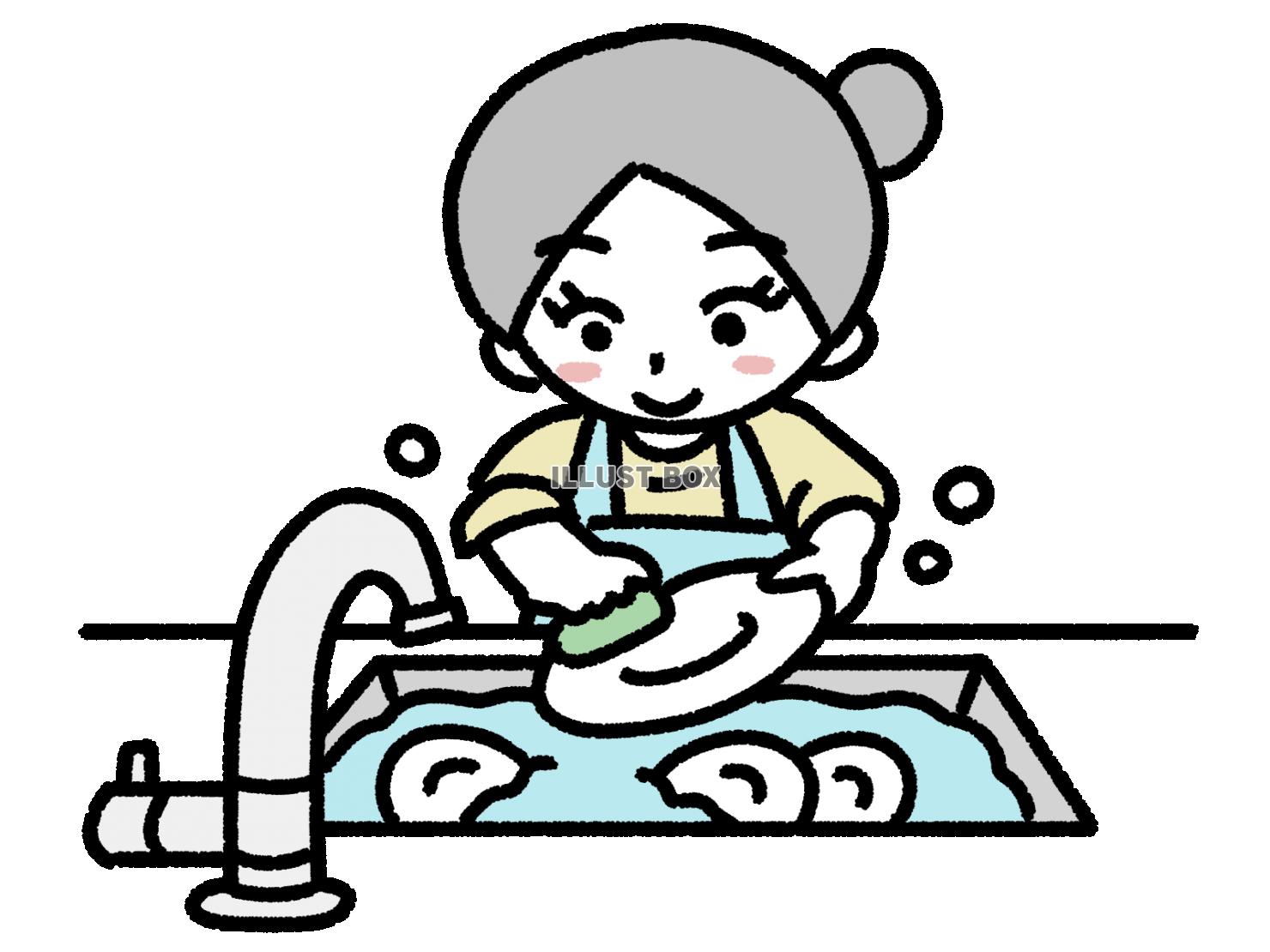 皿を洗うエプロンの女性