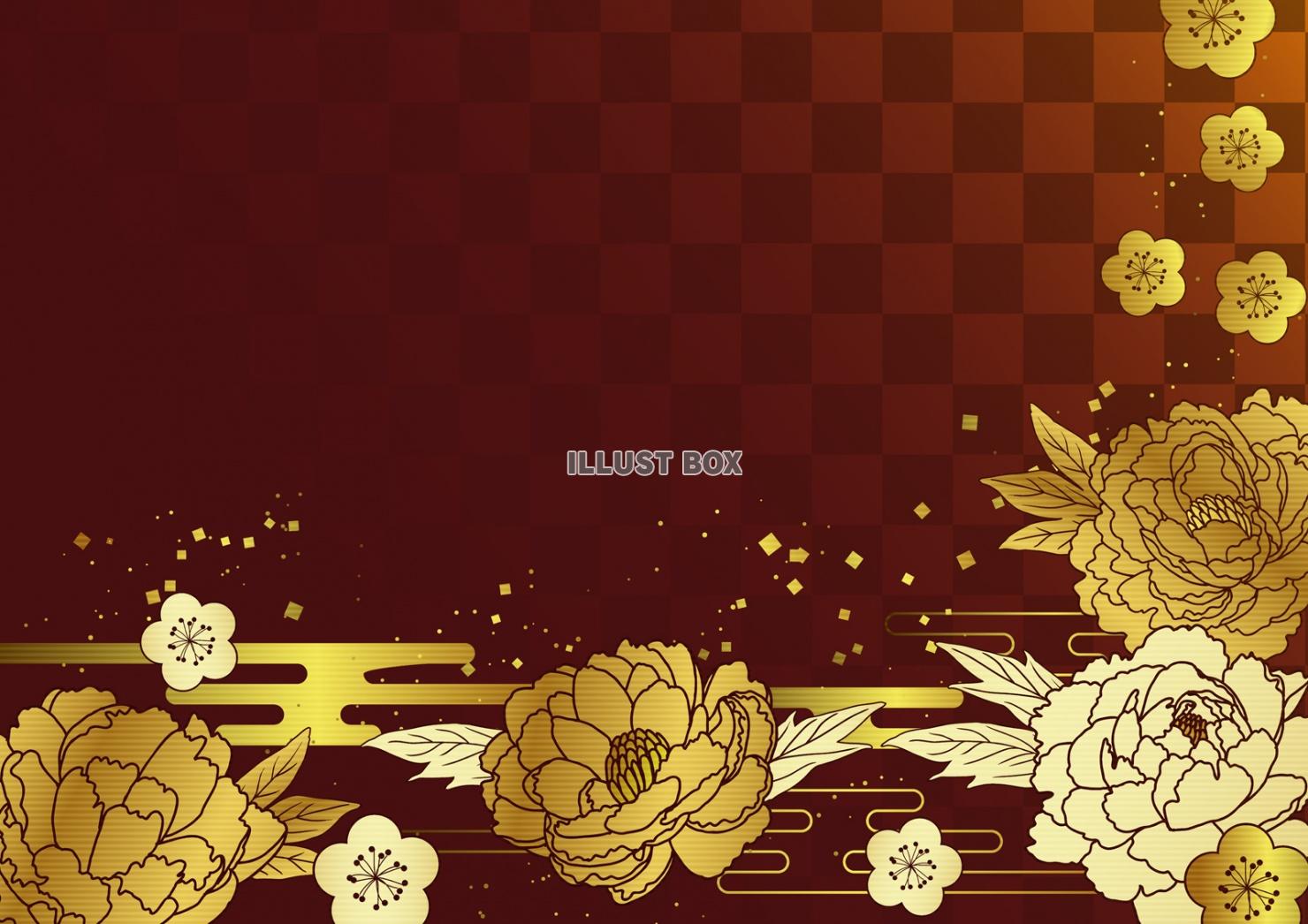 金牡丹と赤市松の和背景ヨコ