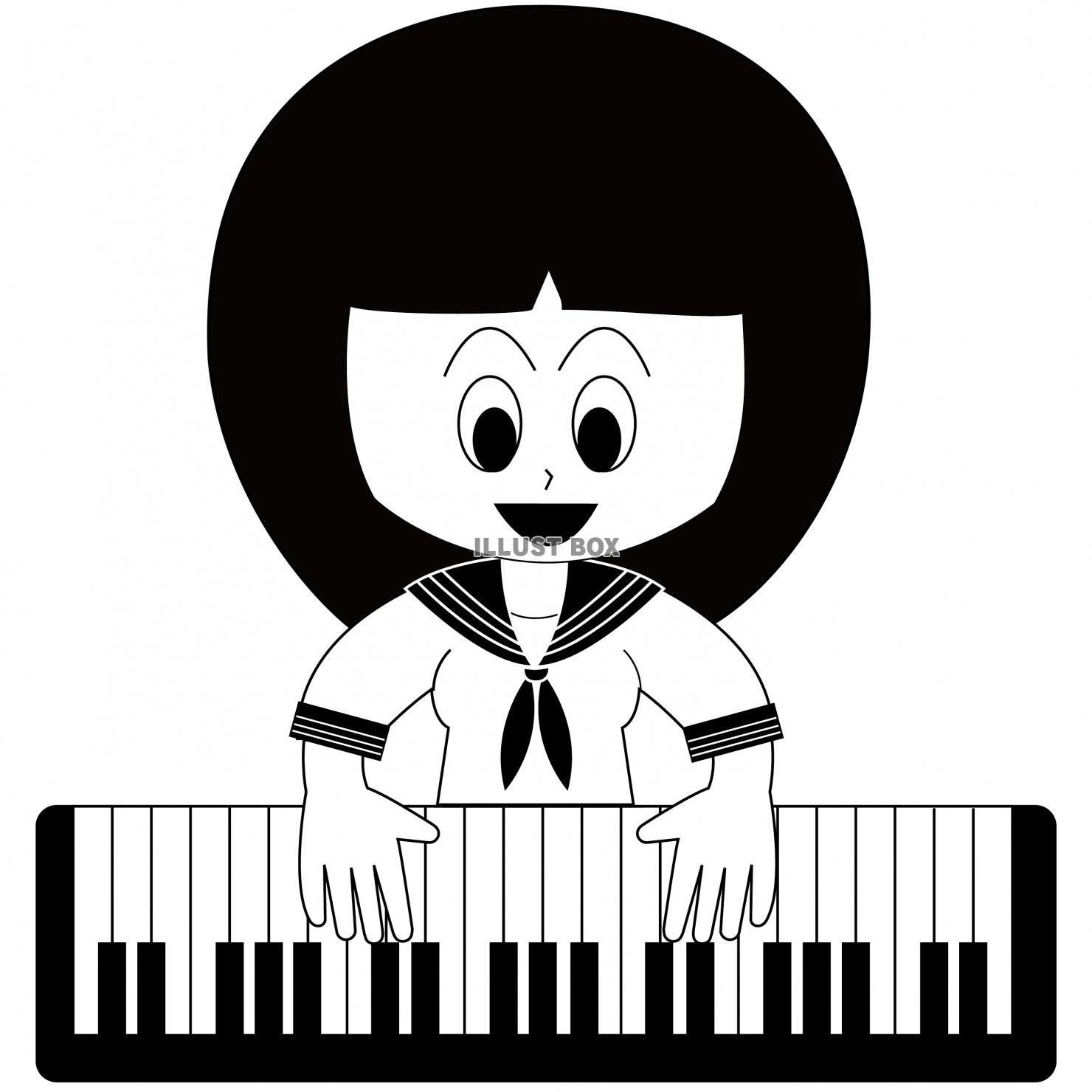 ピアノを弾く女子学生のイラスト（白黒）