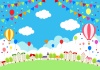 気球と風船と青空の町並み背景ヨコ
