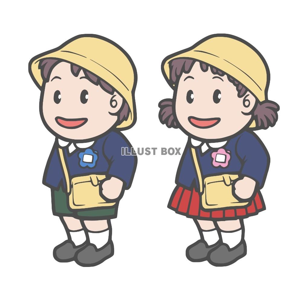 制服姿の幼稚園児の男の子と女の子　斜め向き