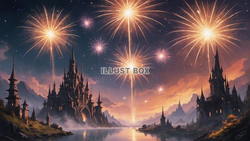 ファンタジーで幻想的な花火が綺麗な絵本の様な世界観背景[AI...
